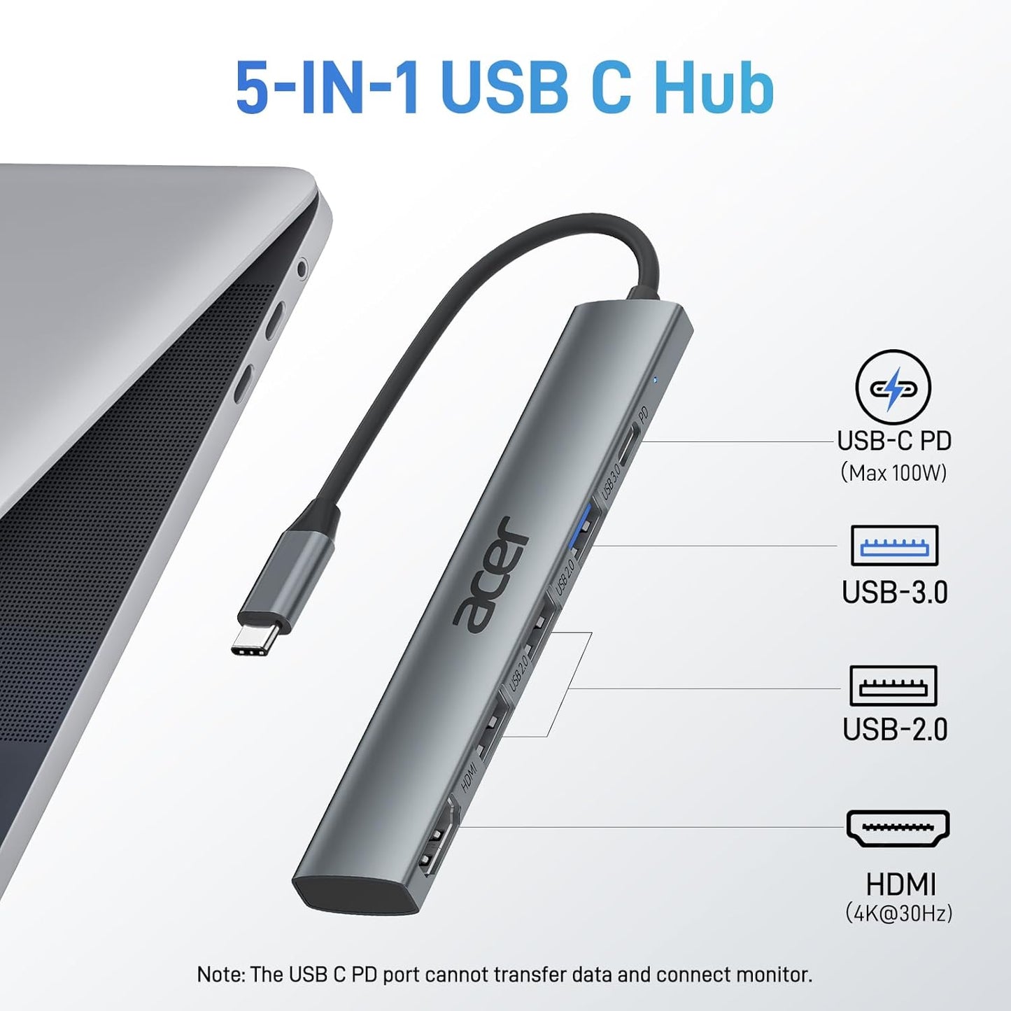 HUB adaptor 5 in 1, cu USB C PD 100W, HDMI, 2 porturi USB 2.0, 1 port USB 3.0, carcasa din aluminiu, portabil, compatibil cu Laptop Acer, Chromebook, Surface, Galaxybook, MacBook Pro/Air, iPad Pro/Air