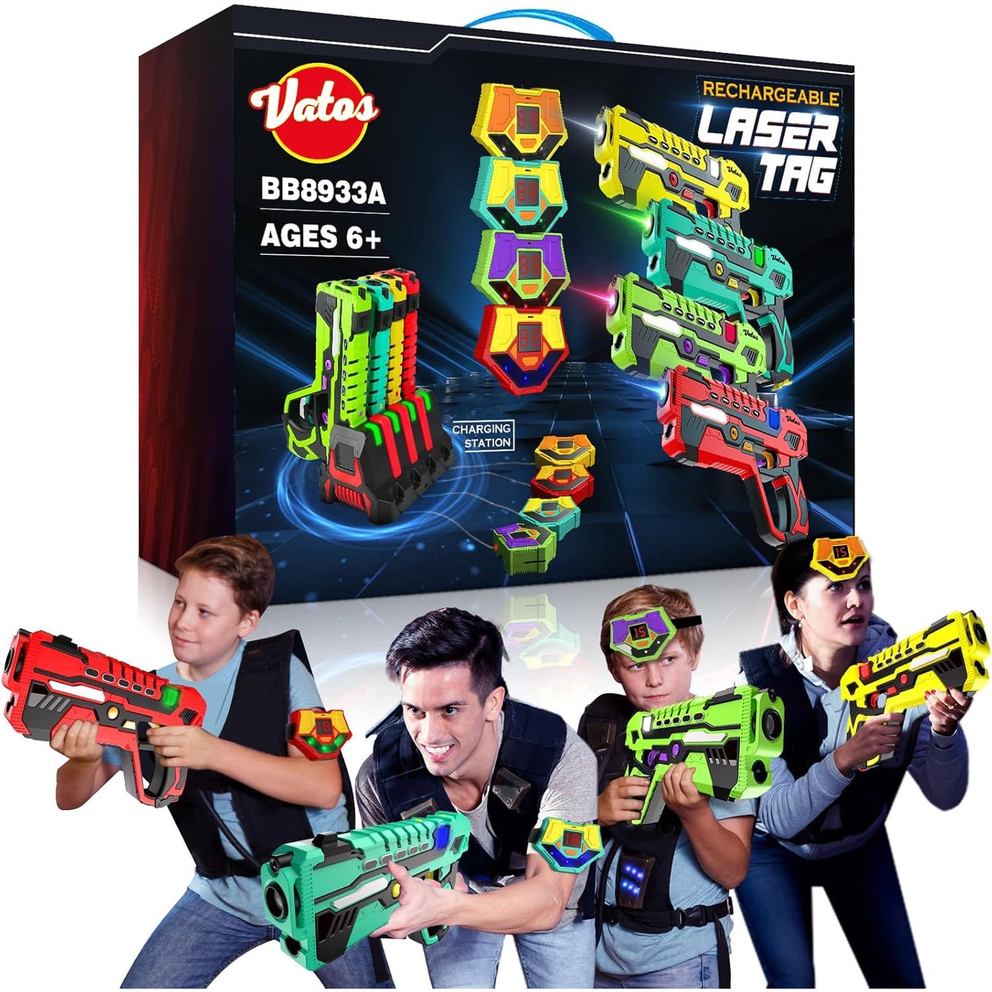 Set pistol infrared Laser Tag, 4 arme de jucarie 2.4 GHz cu 4 receptoare, display LED, 5 moduri tragere, statie de incarcare, infrarosu, interactiv, pentru interior si exterior