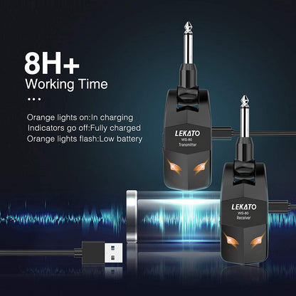 Sistem wireless pentru chitara 2,4 GHz cu 8 ore de functionare, transmitator si receptor fara fir, plug and play, pentru chitara electrica, chitara bass