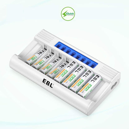 Set de 8 baterii AAA 1100 mAh reincarcabile si incarcator AA/AAA cu afisaj LED si 8 canale, incarcare rapida 5V 2A