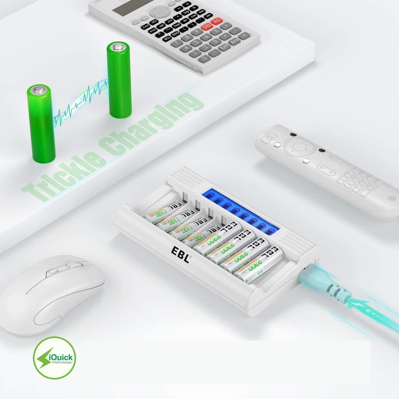 Set de 8 baterii AAA 1100 mAh reincarcabile si incarcator AA/AAA cu afisaj LED si 8 canale, incarcare rapida 5V 2A
