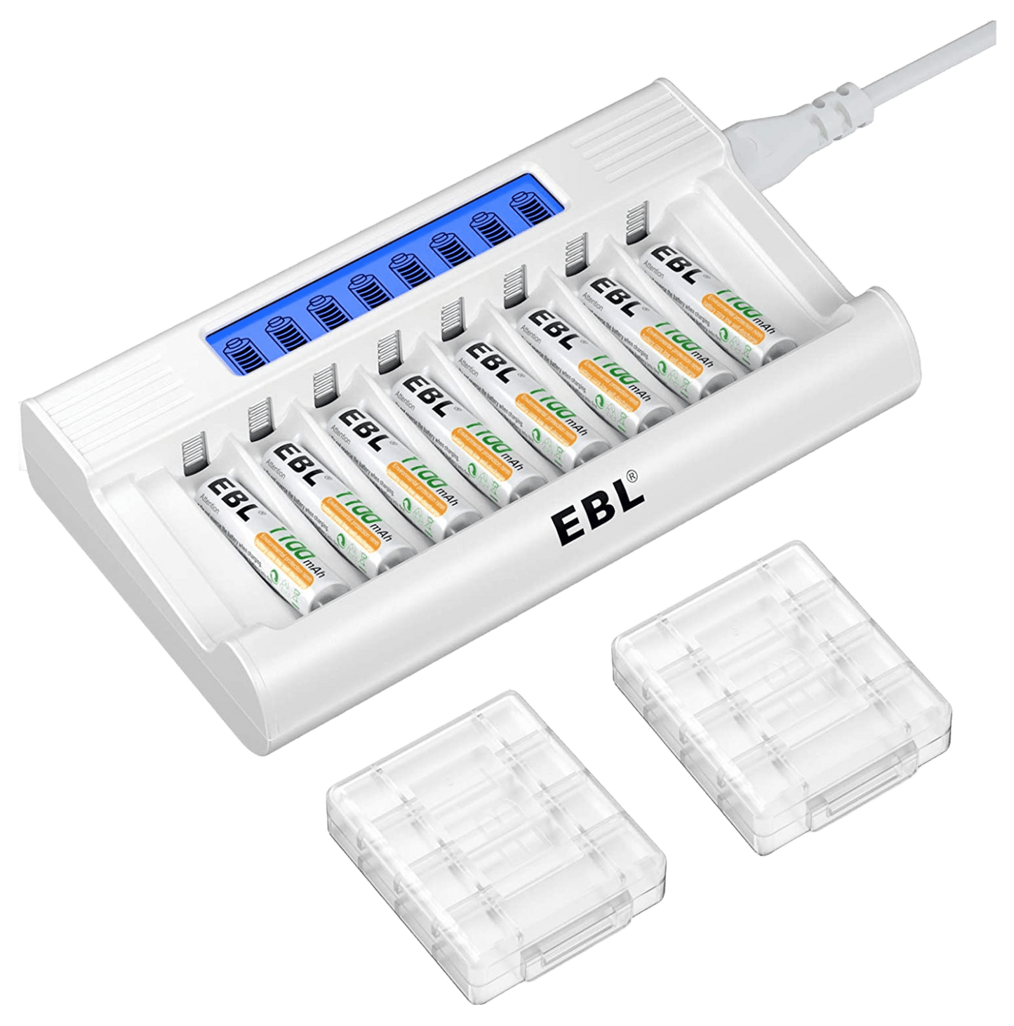 Set de 8 baterii AAA 1100 mAh reincarcabile si incarcator AA/AAA cu afisaj LED si 8 canale, incarcare rapida 5V 2A