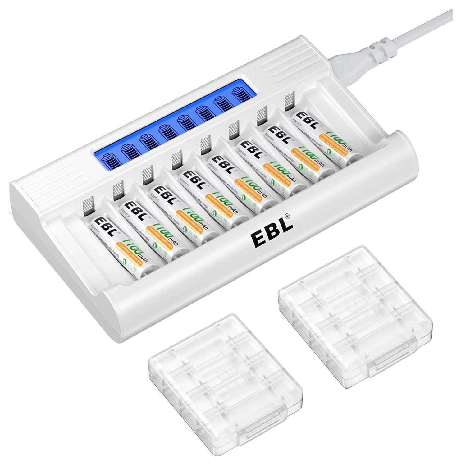 Set de 8 baterii AAA 1100 mAh reincarcabile si incarcator AA/AAA cu afisaj LED si 8 canale, incarcare rapida 5V 2A