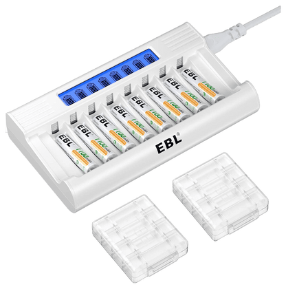 Set de 8 baterii AAA 1100 mAh reincarcabile si incarcator AA/AAA cu afisaj LED si 8 canale, incarcare rapida 5V 2A