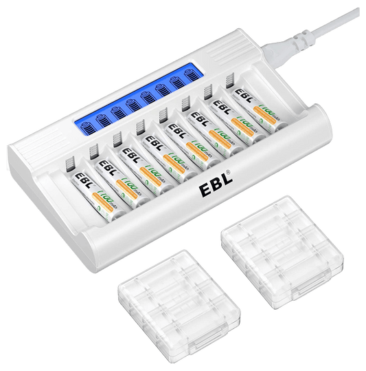 Set de 8 baterii AAA 1100 mAh reincarcabile si incarcator AA/AAA cu afisaj LED si 8 canale, incarcare rapida 5V 2A