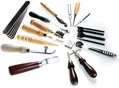 Set profesional pentru confectionare si reparare produse din piele, scule de marochinarie 18 piese, perforator de mana, dalta, cutit