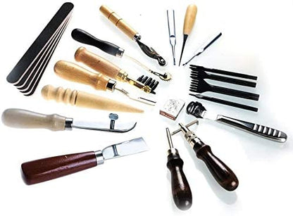 Set profesional pentru confectionare si reparare produse din piele, scule de marochinarie 18 piese, perforator de mana, dalta, cutit