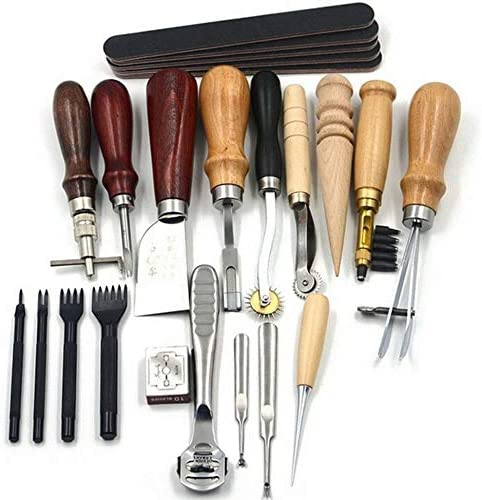 Set profesional pentru confectionare si reparare produse din piele, scule de marochinarie 18 piese, perforator de mana, dalta, cutit