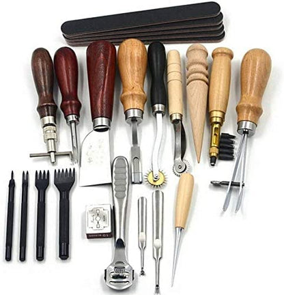 Set profesional pentru confectionare si reparare produse din piele, scule de marochinarie 18 piese, perforator de mana, dalta, cutit