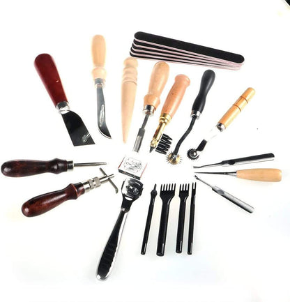 Set profesional pentru confectionare si reparare produse din piele, scule de marochinarie 18 piese, perforator de mana, dalta, cutit