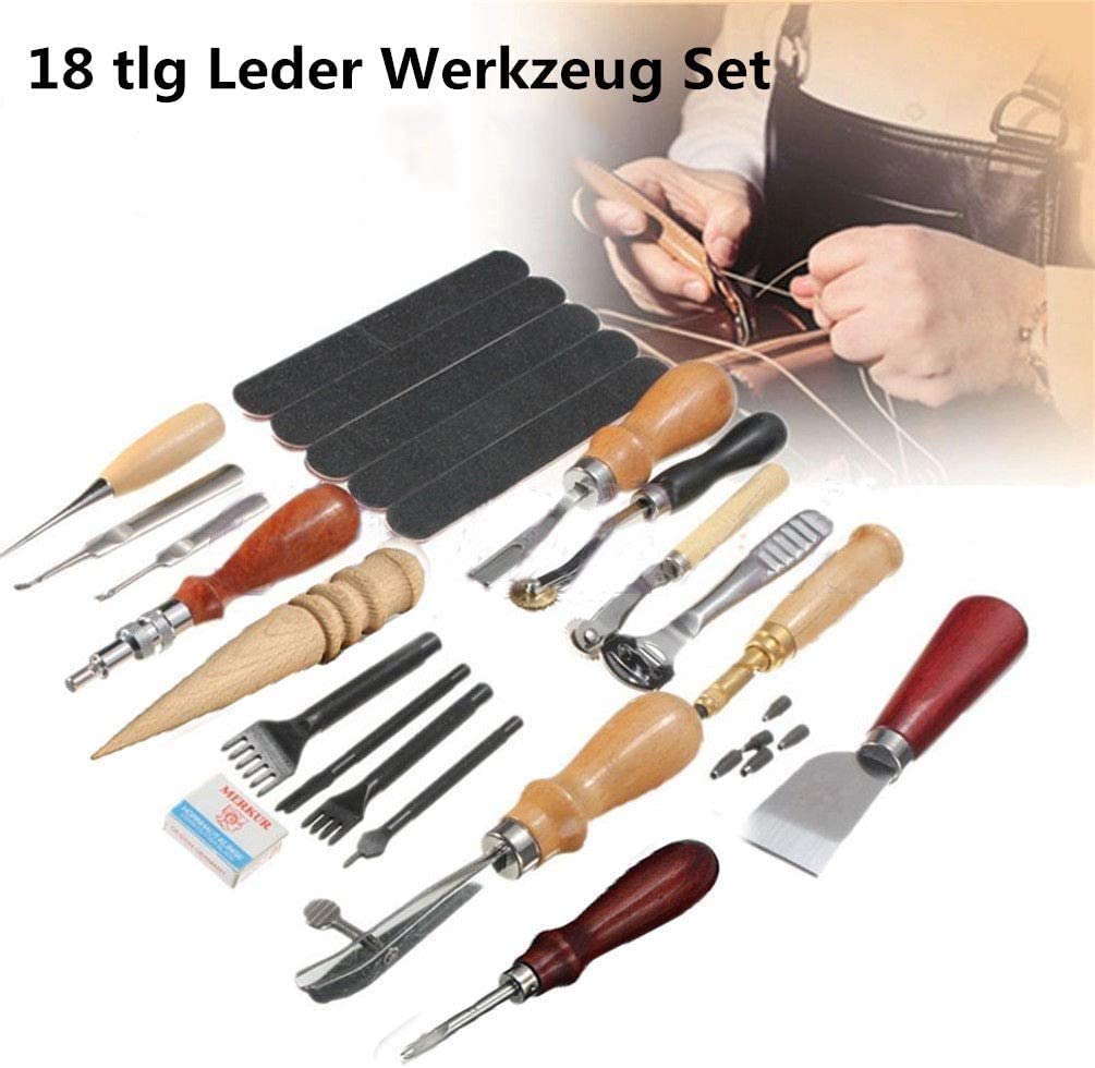 Set profesional pentru confectionare si reparare produse din piele, scule de marochinarie 18 piese, perforator de mana, dalta, cutit