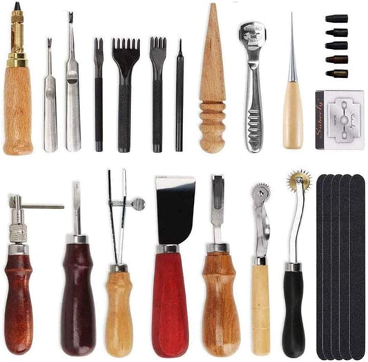Set profesional pentru confectionare si reparare produse din piele, scule de marochinarie 18 piese, perforator de mana, dalta, cutit