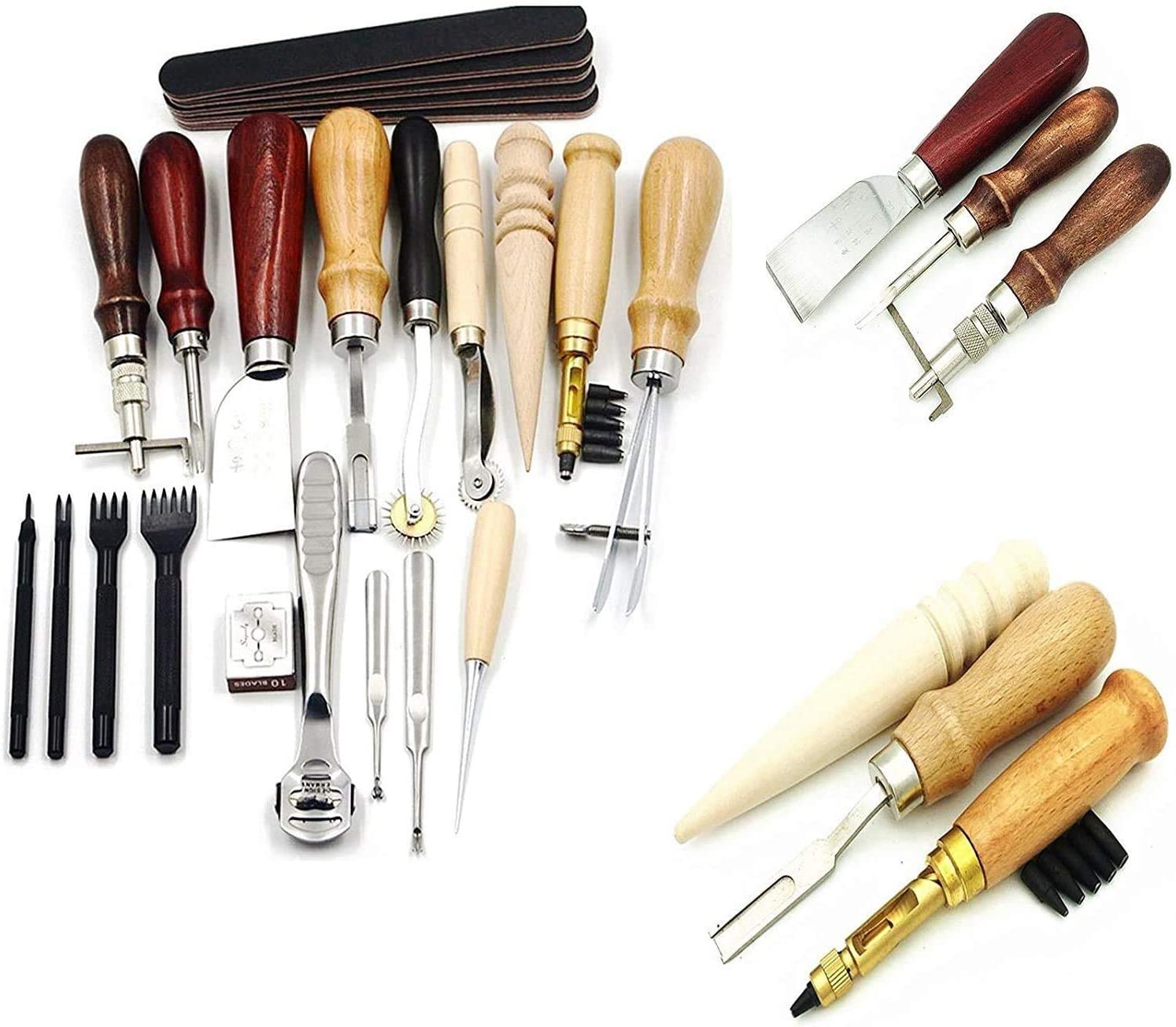 Set profesional pentru confectionare si reparare produse din piele, scule de marochinarie 18 piese, perforator de mana, dalta, cutit