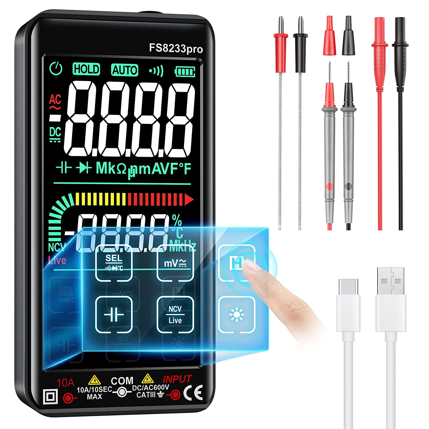 Multimetru digital cu touchscreen smart, selectare automata a parametrilor, tester AC/DC True RMS, 10000 counts, NCV, masoara rezistenta, curent, continuitate, capacitate, temperatura, frecventa, dioda
