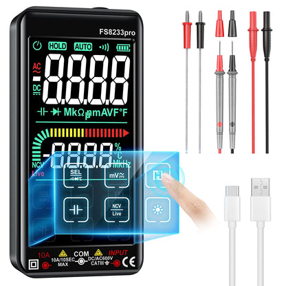 Multimetru digital cu touchscreen smart, selectare automata a parametrilor, tester AC/DC True RMS, 10000 counts, NCV, masoara rezistenta, curent, continuitate, capacitate, temperatura, frecventa, dioda