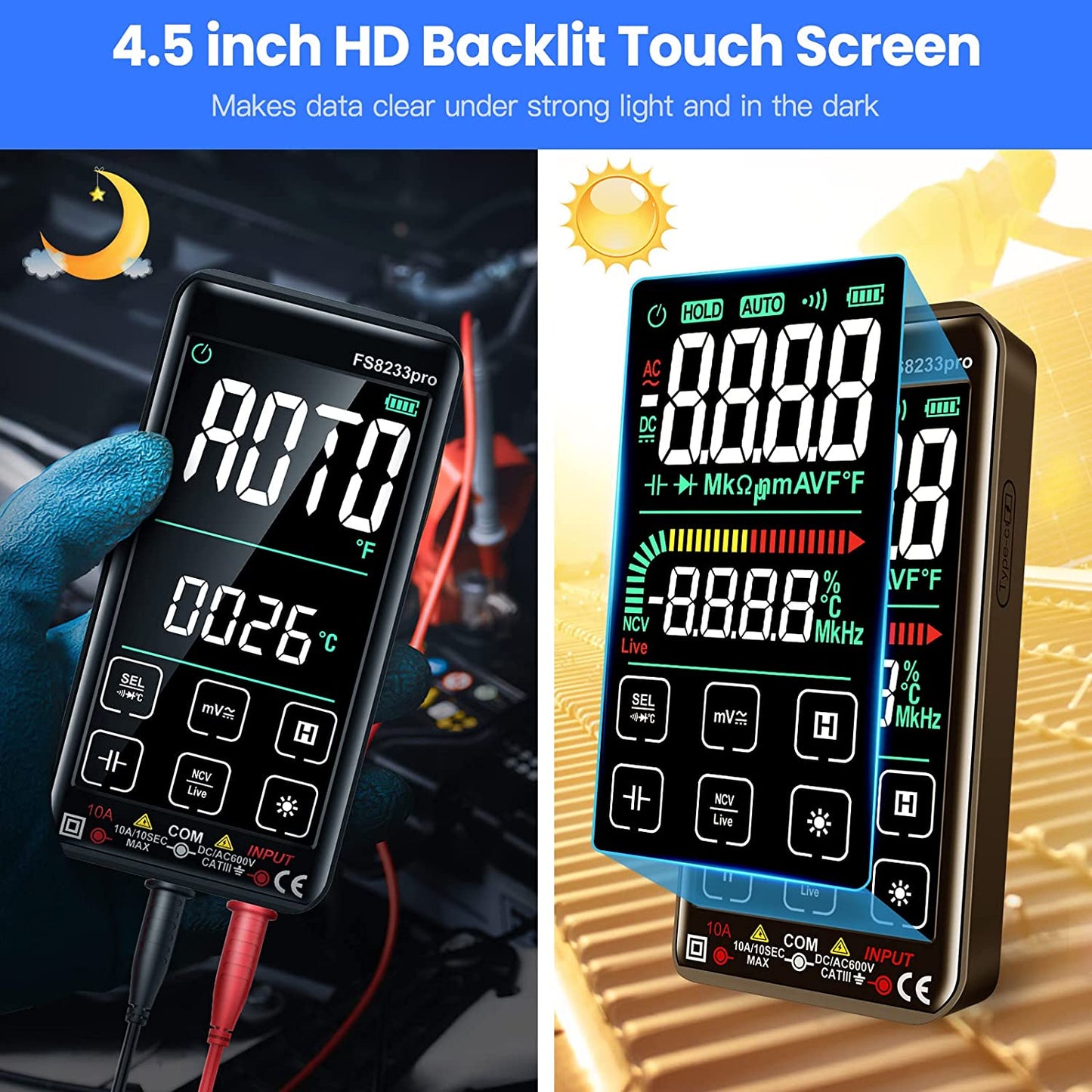 Multimetru digital cu touchscreen smart, selectare automata a parametrilor, tester AC/DC True RMS, 10000 counts, NCV, masoara rezistenta, curent, continuitate, capacitate, temperatura, frecventa, dioda