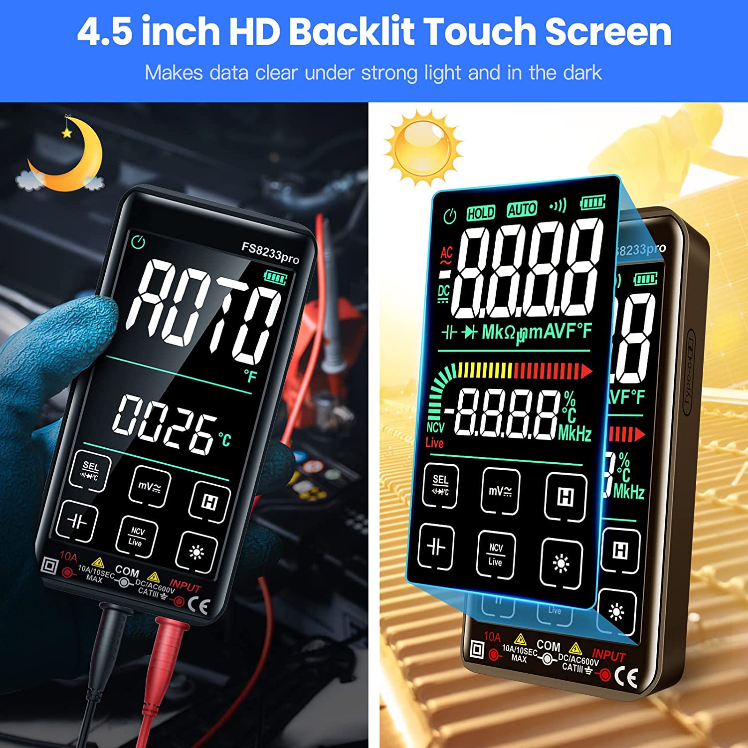 Multimetru digital cu touchscreen smart, selectare automata a parametrilor, tester AC/DC True RMS, 10000 counts, NCV, masoara rezistenta, curent, continuitate, capacitate, temperatura, frecventa, dioda