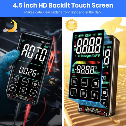 Multimetru digital cu touchscreen smart, selectare automata a parametrilor, tester AC/DC True RMS, 10000 counts, NCV, masoara rezistenta, curent, continuitate, capacitate, temperatura, frecventa, dioda