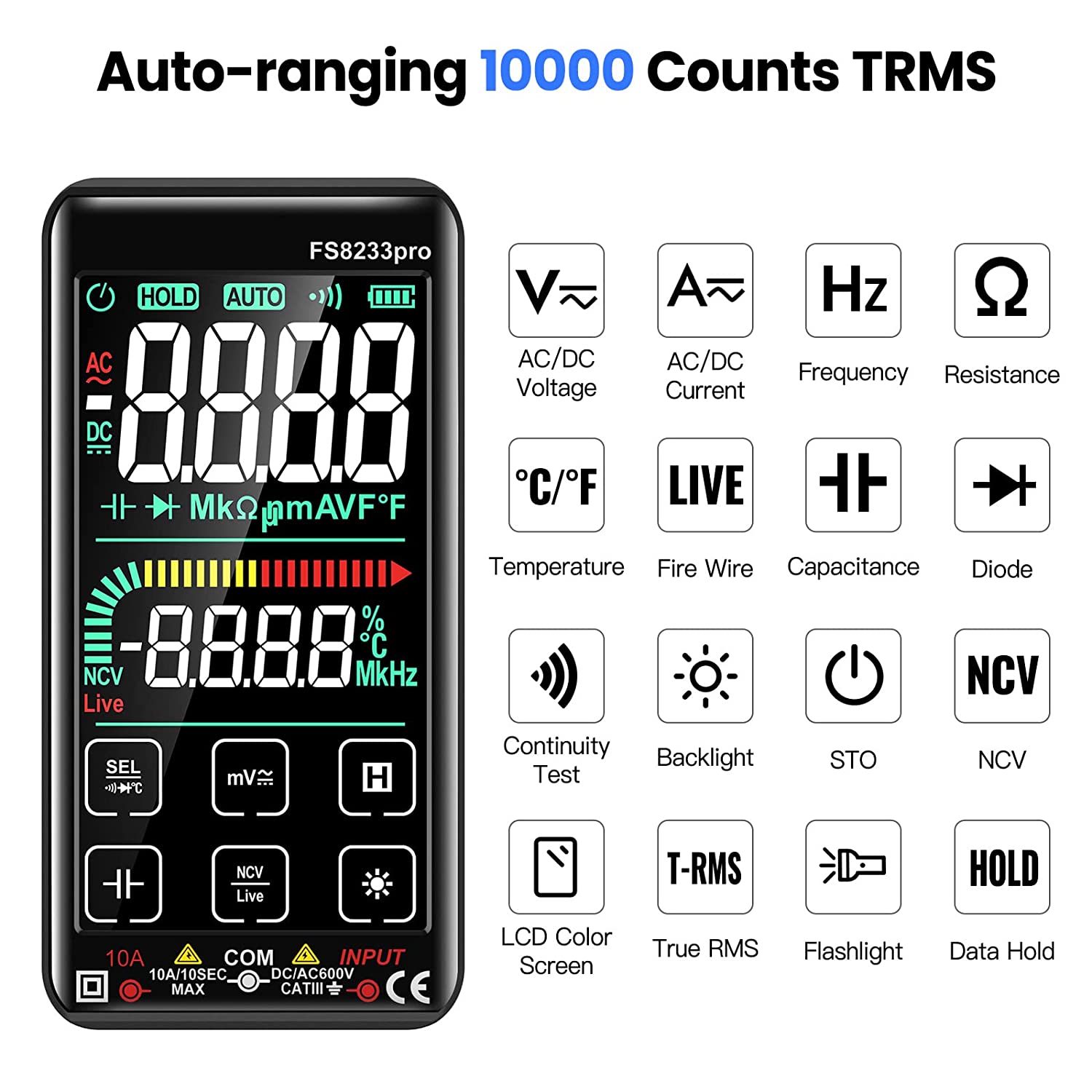 Multimetru digital cu touchscreen smart, selectare automata a parametrilor, tester AC/DC True RMS, 10000 counts, NCV, masoara rezistenta, curent, continuitate, capacitate, temperatura, frecventa, dioda