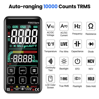 Multimetru digital cu touchscreen smart, selectare automata a parametrilor, tester AC/DC True RMS, 10000 counts, NCV, masoara rezistenta, curent, continuitate, capacitate, temperatura, frecventa, dioda