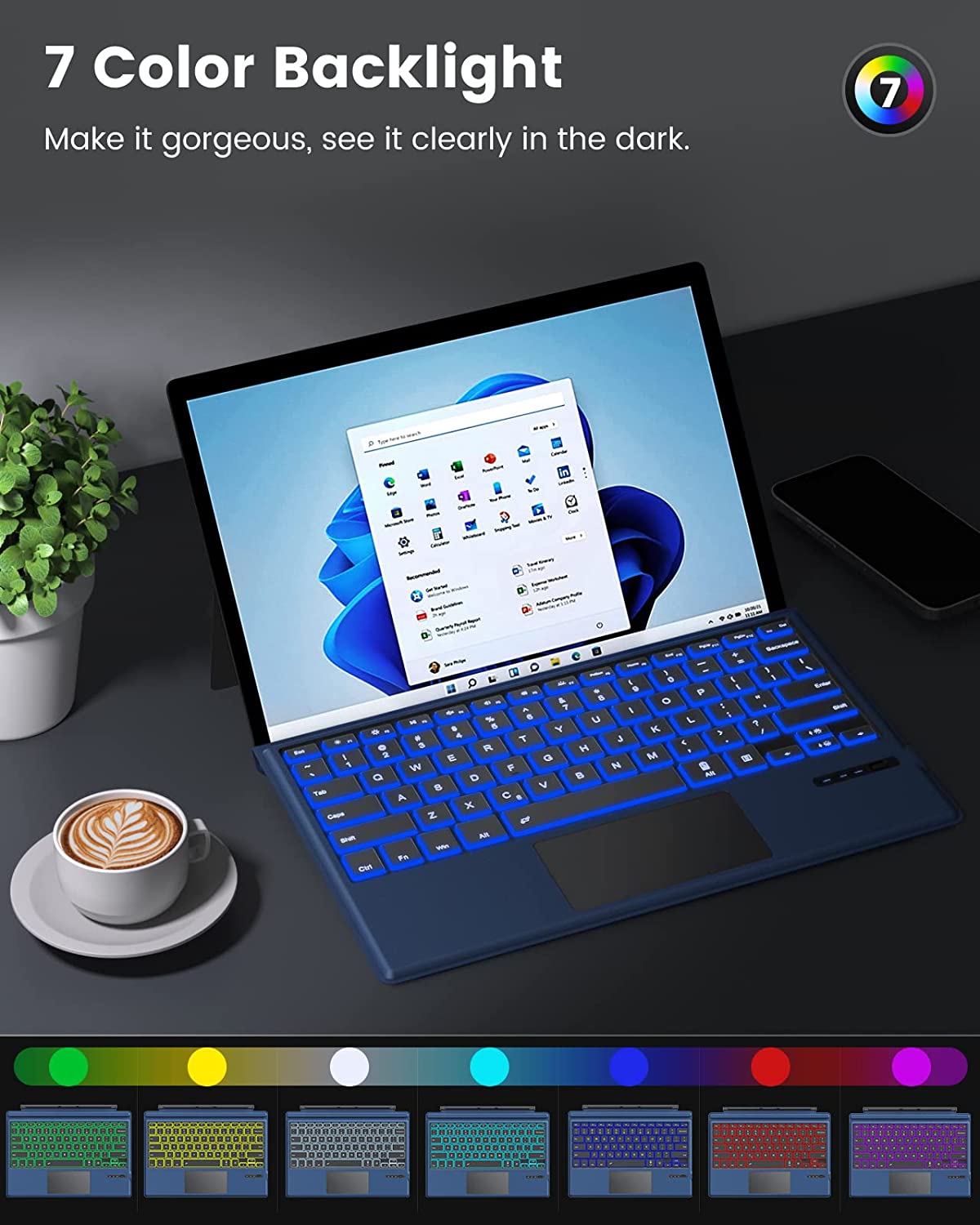 Tastatura Bluetooth compatibila cu Microsoft Surface Pro7/ Pro 7 Plus/ Pro 6/ Pro 4/ Pro 3/ Pro 2017, QWERTY cu taste iluminate LED, albastra