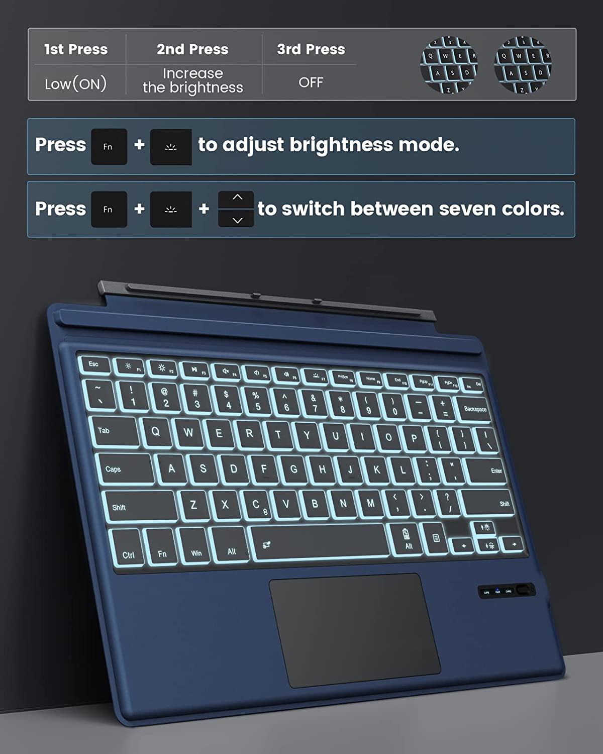 Tastatura Bluetooth compatibila cu Microsoft Surface Pro7/ Pro 7 Plus/ Pro 6/ Pro 4/ Pro 3/ Pro 2017, QWERTY cu taste iluminate LED, albastra