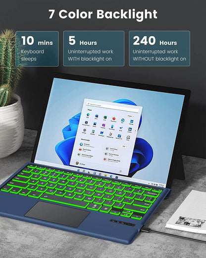 Tastatura Bluetooth compatibila cu Microsoft Surface Pro7/ Pro 7 Plus/ Pro 6/ Pro 4/ Pro 3/ Pro 2017, QWERTY cu taste iluminate LED, albastra