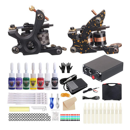 Set de 2 masini de tatuat Pro cu sursa de alimentare, 20 de ace pentru tatuaj, 7 sticlute cerneala, aparat de tatuaje cu bobina si kit de accesorii Hawink TK-HW2005