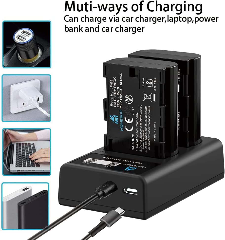 Set de 2 acumulatori LP-E6 2200 mAh cu incarcator dublu cu display LCD, pentru Canon 5D Mark II III IV, 5Ds, 6D, 70D, 80D