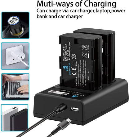Set de 2 acumulatori LP-E6 2200 mAh cu incarcator dublu cu display LCD, pentru Canon 5D Mark II III IV, 5Ds, 6D, 70D, 80D