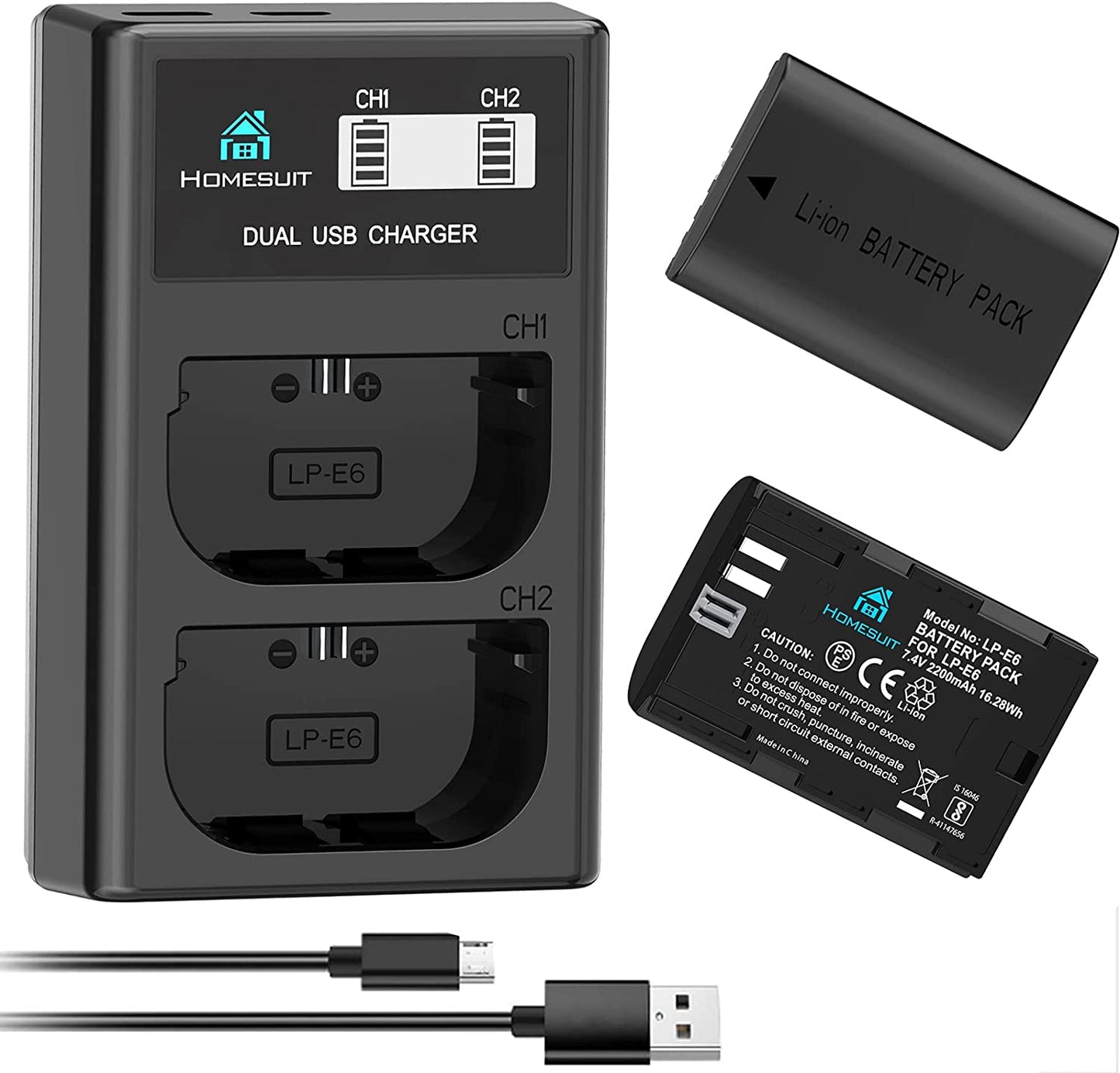 Set de 2 acumulatori LP-E6 2200 mAh cu incarcator dublu cu display LCD, pentru Canon 5D Mark II III IV, 5Ds, 6D, 70D, 80D