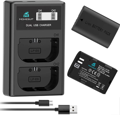 Set de 2 acumulatori LP-E6 2200 mAh cu incarcator dublu cu display LCD, pentru Canon 5D Mark II III IV, 5Ds, 6D, 70D, 80D