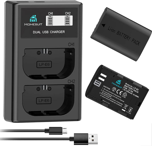 Set de 2 acumulatori LP-E6 2200 mAh cu incarcator dublu cu display LCD, pentru Canon 5D Mark II III IV, 5Ds, 6D, 70D, 80D