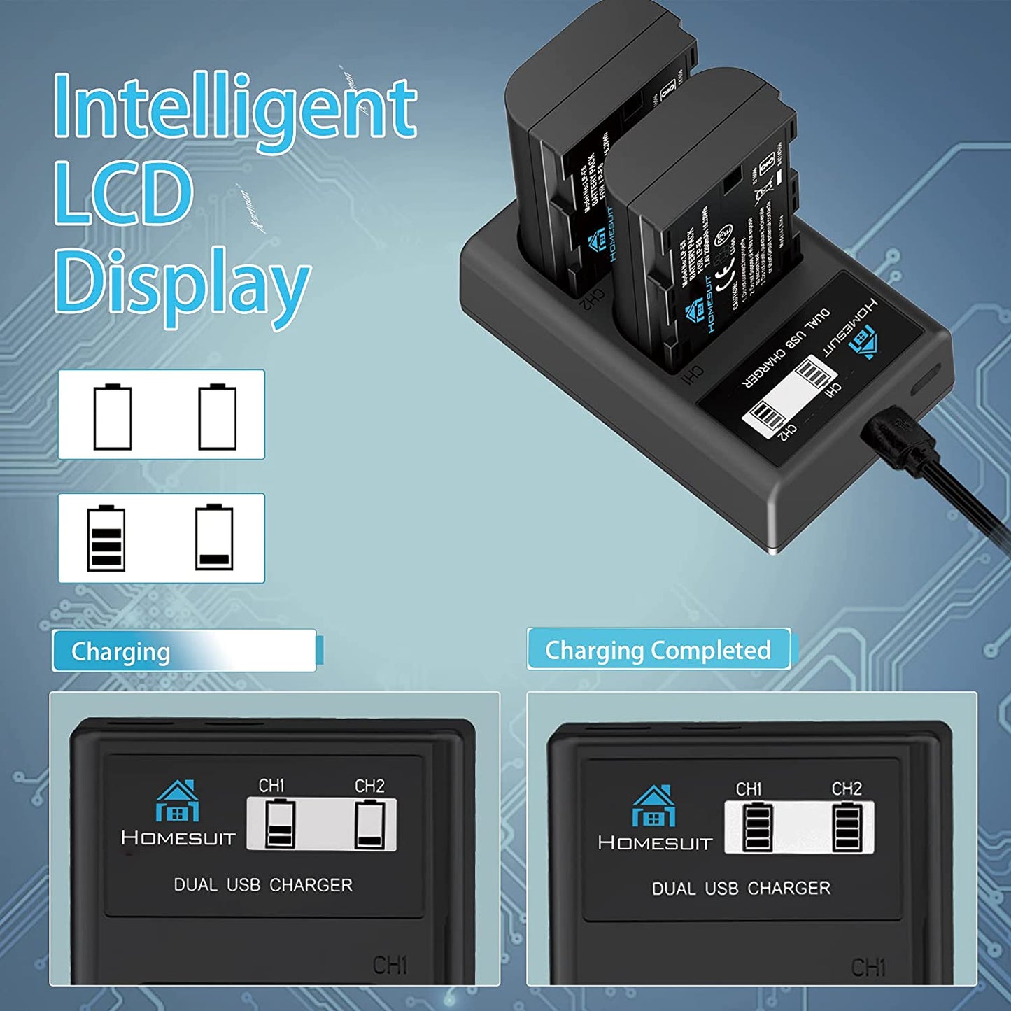 Set de 2 acumulatori LP-E6 2200 mAh cu incarcator dublu cu display LCD, pentru Canon 5D Mark II III IV, 5Ds, 6D, 70D, 80D