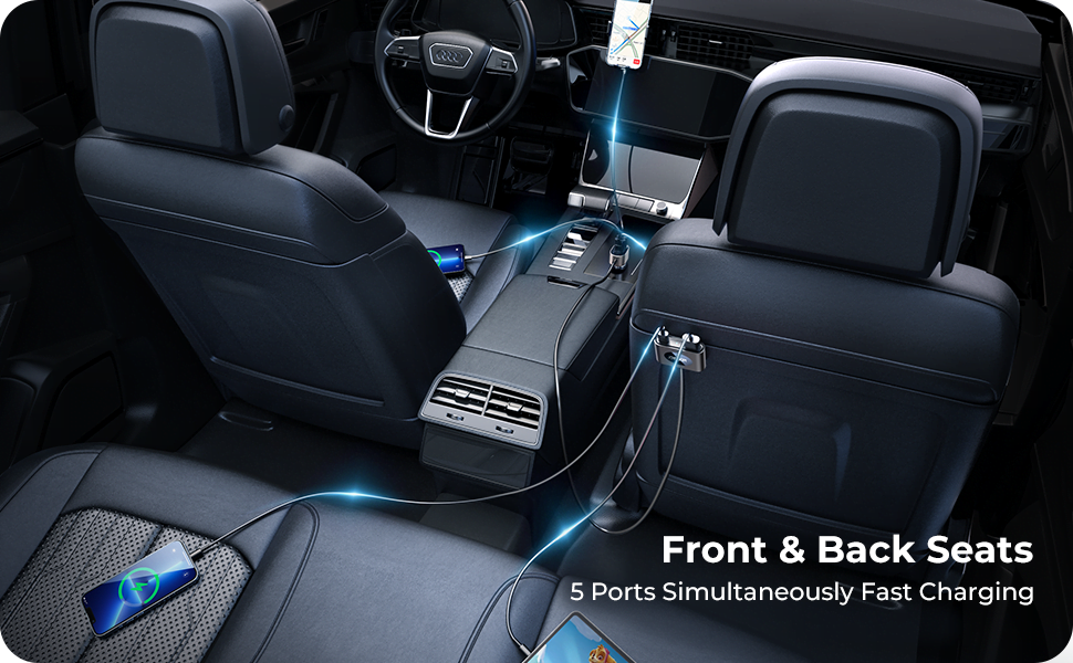 Incarcator auto fast charge 72 W cu 5 porturi, 12-24V, 2 super fast charge PD USBC, 3 porturi USB A, cu cablu prelungitor de 1,5 m pentru bancheta din spate, pentru iPhone 13, 12, Samsung S22, S21