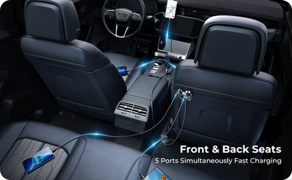 Incarcator auto fast charge 72 W cu 5 porturi, 12-24V, 2 super fast charge PD USBC, 3 porturi USB A, cu cablu prelungitor de 1,5 m pentru bancheta din spate, pentru iPhone 13, 12, Samsung S22, S21