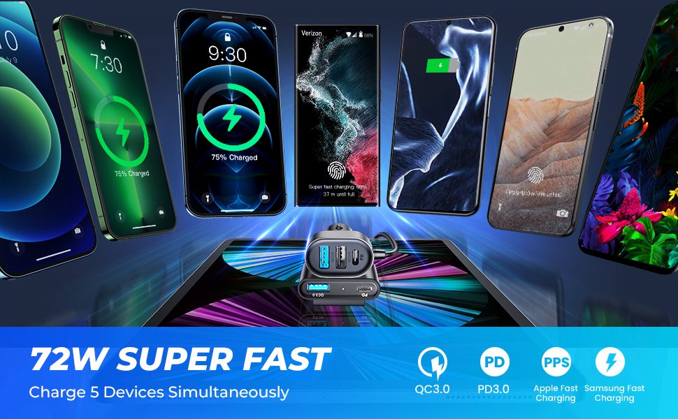 Incarcator auto fast charge 72 W cu 5 porturi, 12-24V, 2 super fast charge PD USBC, 3 porturi USB A, cu cablu prelungitor de 1,5 m pentru bancheta din spate, pentru iPhone 13, 12, Samsung S22, S21