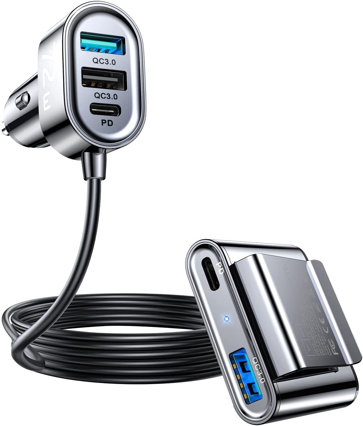 Incarcator auto fast charge 72 W cu 5 porturi, 12-24V, 2 super fast charge PD USBC, 3 porturi USB A, cu cablu prelungitor de 1,5 m pentru bancheta din spate, pentru iPhone 13, 12, Samsung S22, S21