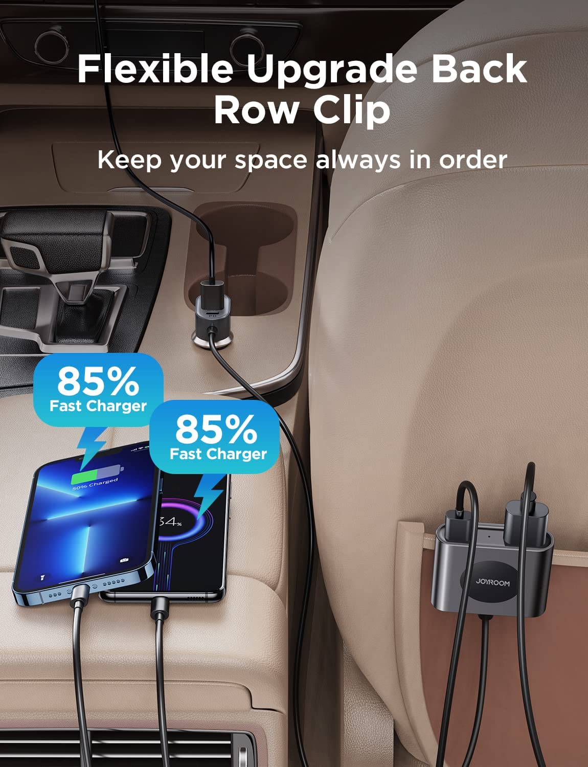 Incarcator auto fast charge 72 W cu 5 porturi, 12-24V, 2 super fast charge PD USBC, 3 porturi USB A, cu cablu prelungitor de 1,5 m pentru bancheta din spate, pentru iPhone 13, 12, Samsung S22, S21