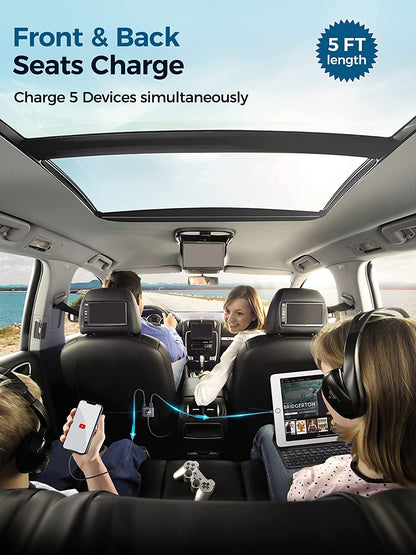 Incarcator auto fast charge 72 W cu 5 porturi, 12-24V, 2 super fast charge PD USBC, 3 porturi USB A, cu cablu prelungitor de 1,5 m pentru bancheta din spate, pentru iPhone 13, 12, Samsung S22, S21