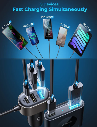 Incarcator auto fast charge 72 W cu 5 porturi, 12-24V, 2 super fast charge PD USBC, 3 porturi USB A, cu cablu prelungitor de 1,5 m pentru bancheta din spate, pentru iPhone 13, 12, Samsung S22, S21