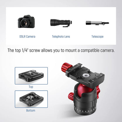 Cap trepied cu bila rotativ la 360° cu placa de eliberare rapida, din aluminiu, surub 1/4 inch si filet 3/8 inch, sarcina maxima 5 kg, pentru camera foto DSLR, NEEWER GM28
