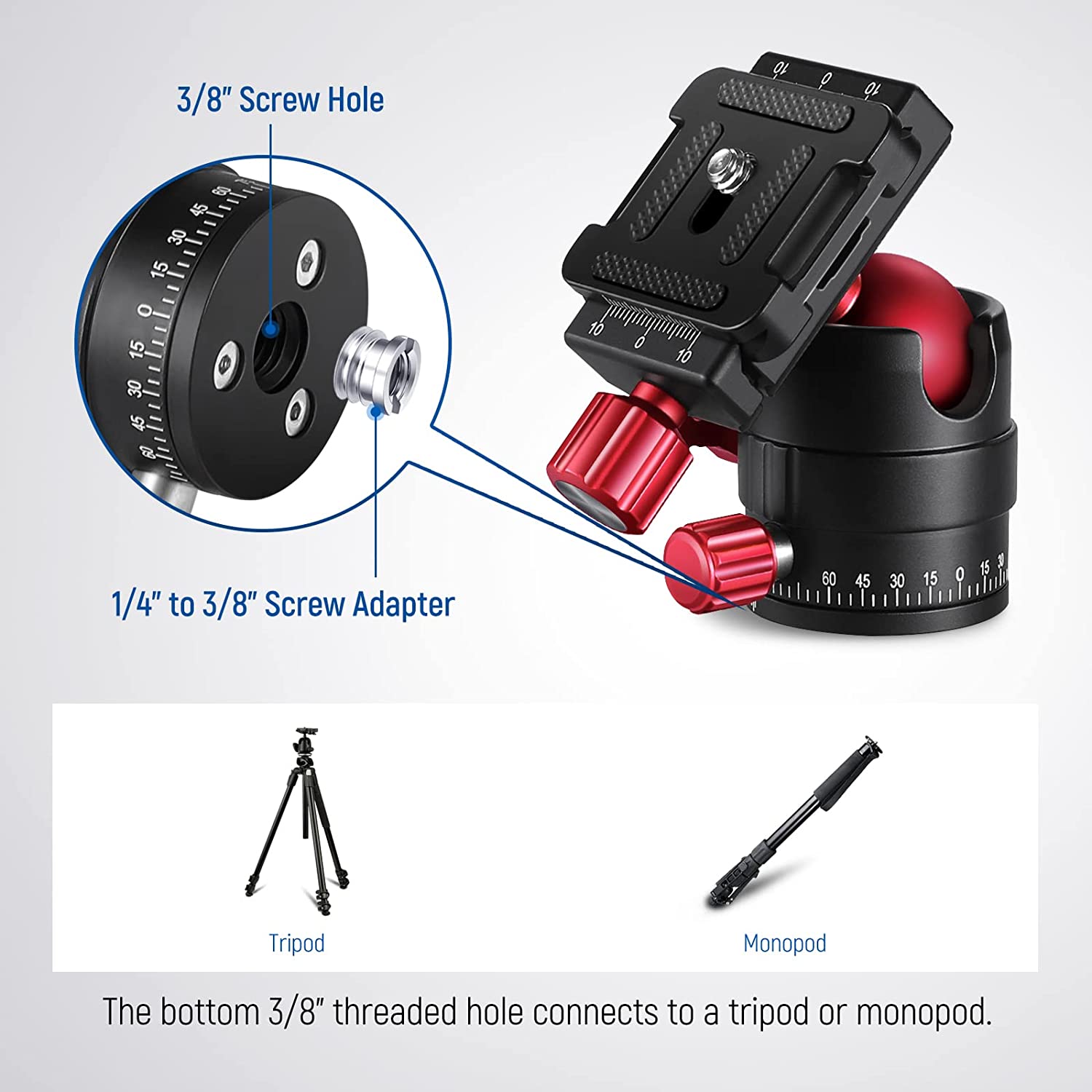 Cap trepied cu bila rotativ la 360° cu placa de eliberare rapida, din aluminiu, surub 1/4 inch si filet 3/8 inch, sarcina maxima 5 kg, pentru camera foto DSLR, NEEWER GM28