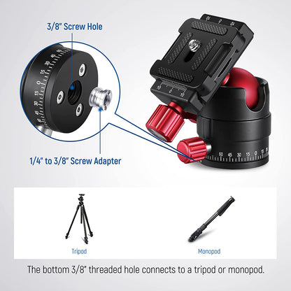 Cap trepied cu bila rotativ la 360° cu placa de eliberare rapida, din aluminiu, surub 1/4 inch si filet 3/8 inch, sarcina maxima 5 kg, pentru camera foto DSLR, NEEWER GM28