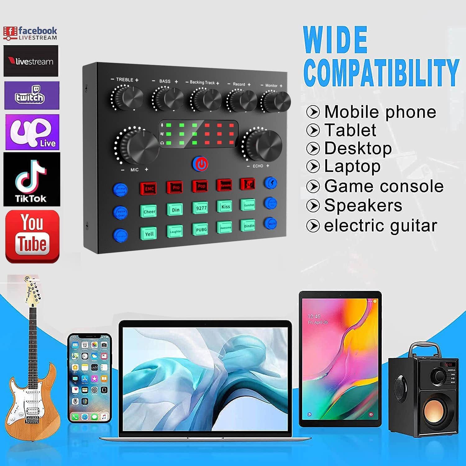 Placa de sunet multifunctionala V8, Bluetooth, mixer cu 10 efecte sonore, plug and play, reducere a zgomotului cu chip DSP dual, schimbare voce, pentru streaming live, podcast, smartphone, PC