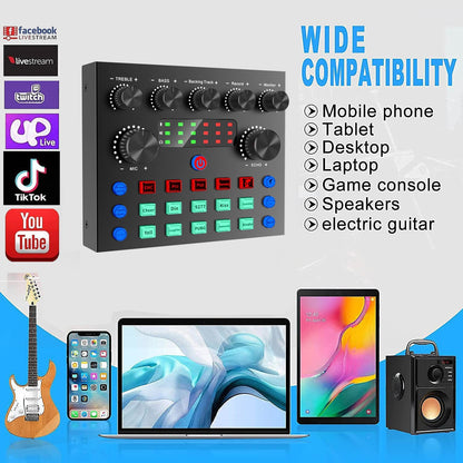 Placa de sunet multifunctionala V8, Bluetooth, mixer cu 10 efecte sonore, plug and play, reducere a zgomotului cu chip DSP dual, schimbare voce, pentru streaming live, podcast, smartphone, PC