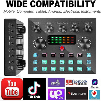 Placa de sunet multifunctionala V8, Bluetooth, mixer cu 10 efecte sonore, plug and play, reducere a zgomotului cu chip DSP dual, schimbare voce, pentru streaming live, podcast, smartphone, PC