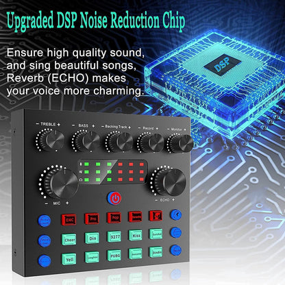 Placa de sunet multifunctionala V8, Bluetooth, mixer cu 10 efecte sonore, plug and play, reducere a zgomotului cu chip DSP dual, schimbare voce, pentru streaming live, podcast, smartphone, PC