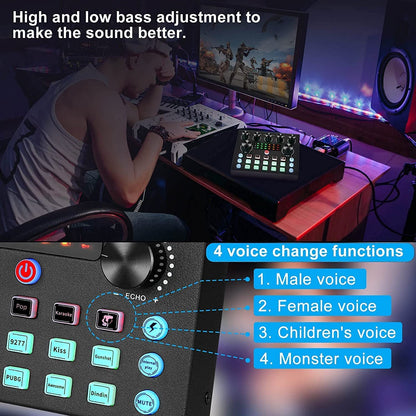 Placa de sunet multifunctionala V8, Bluetooth, mixer cu 10 efecte sonore, plug and play, reducere a zgomotului cu chip DSP dual, schimbare voce, pentru streaming live, podcast, smartphone, PC