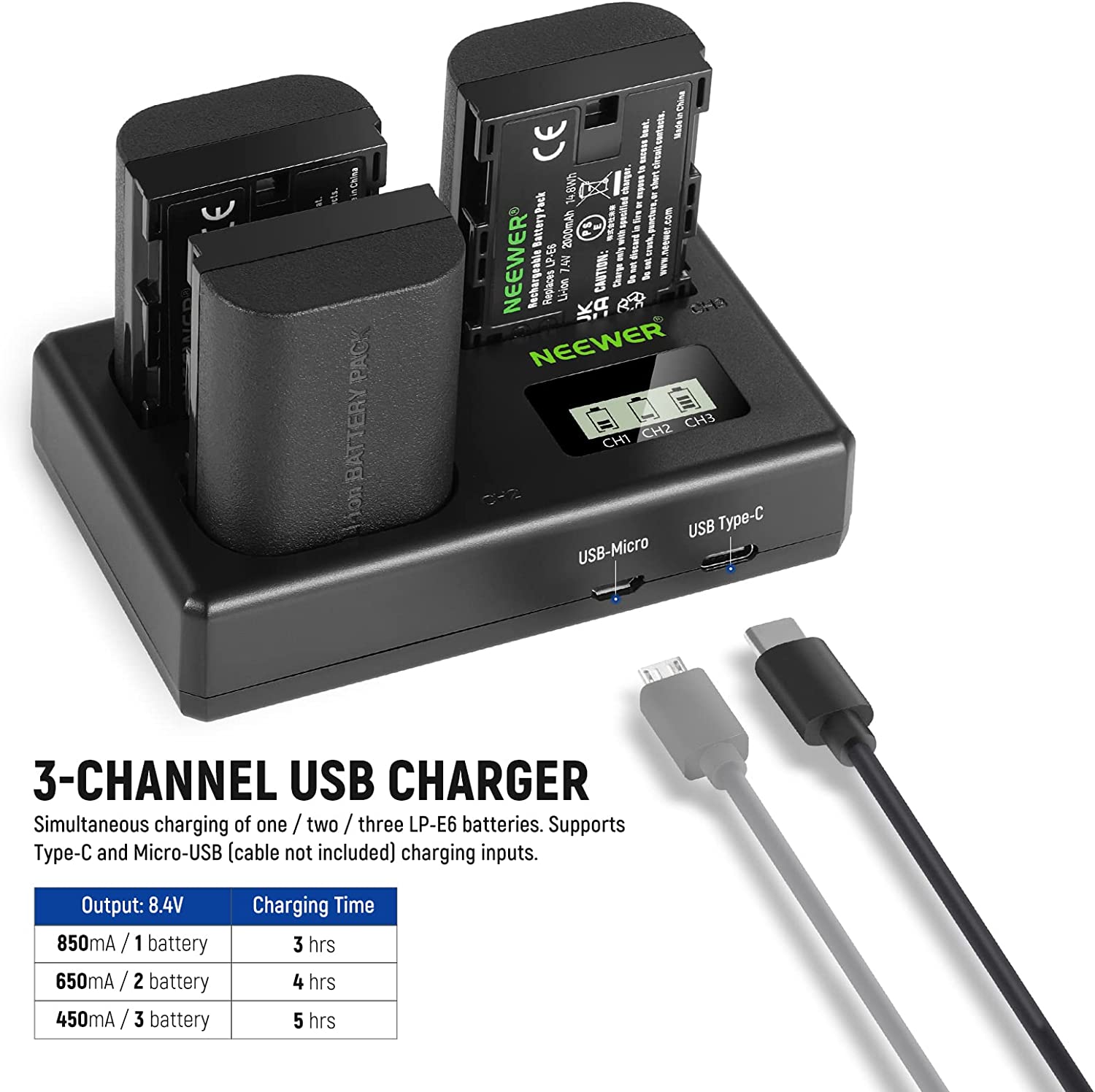 Set de 3 acumulatori LP-E6 2000 mAh, cu incarcator triplu cu afisaj LCD, compatibil Canon EOS 5D Mark II Mark III Mark IV 5D SR 60D 60Da 6D 70D 7D